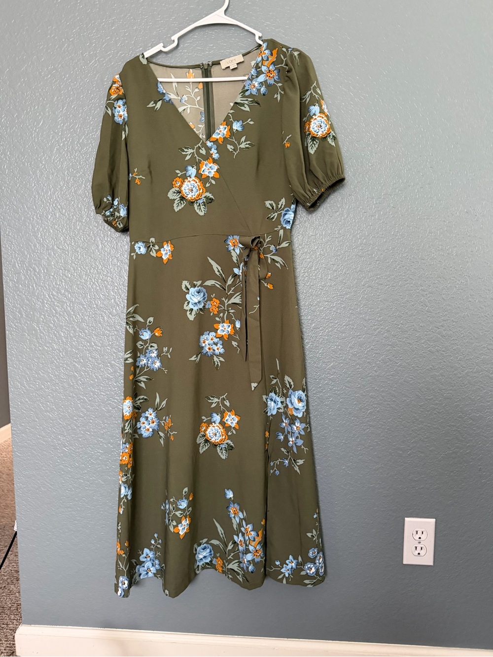 LOFT Olive Floral Wrap Midi Dress with Blue and Orange Blooms